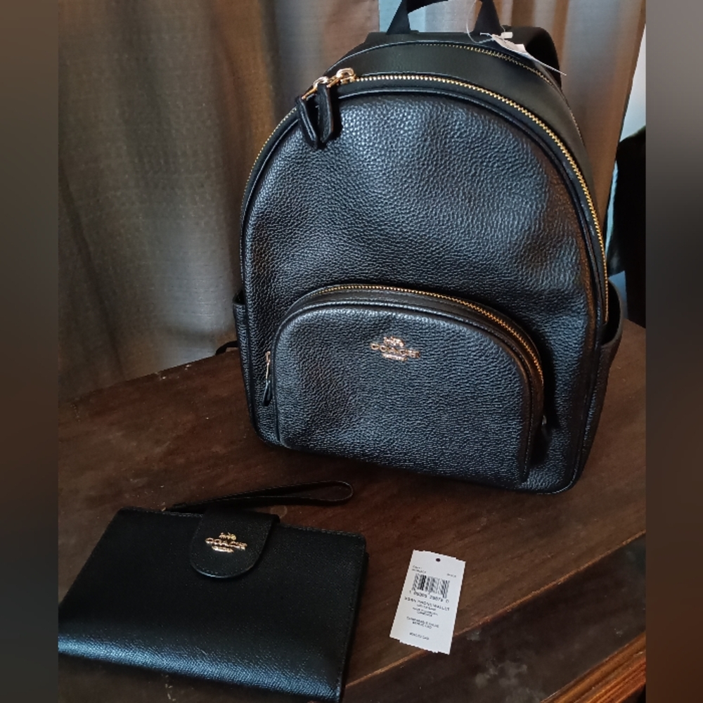 Coach Black Leather Backpack and Wallet Set